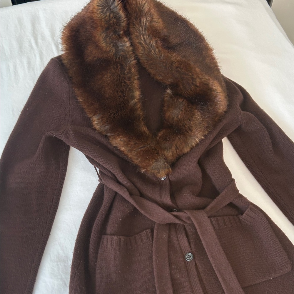 RLL Wool Cashmere knit Brown Sweater Coat removable Faux Fur Collar M